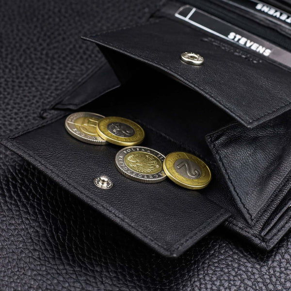 Vyriška odinė piniginė STEVENS su maišeliu, juoda, su RFID apsauga 326