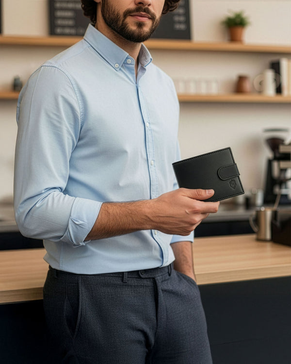 Vyriška odinė piniginė Stevens su RFID apsauga, juoda PREMIUM W-325A