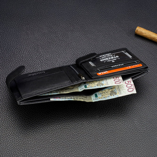 Vyriška odinė piniginė Stevens su RFID apsauga, juoda PREMIUM W-325A