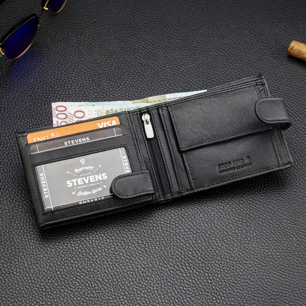 Vyriška odinė piniginė Stevens su RFID apsauga, juoda PREMIUM W-325A