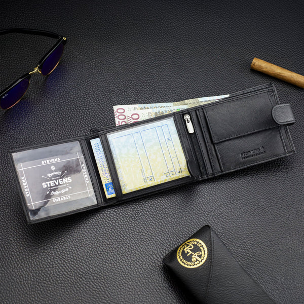 Vyriška odinė piniginė Stevens su RFID apsauga, juoda PREMIUM W-325A