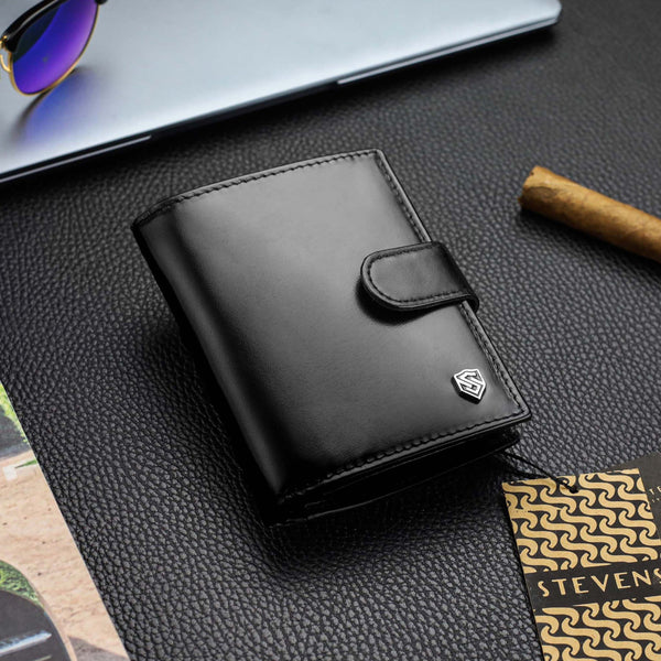 Vyriška odinė piniginė STEVENS su maišeliu, juoda, RFID apsauga Z03-326A