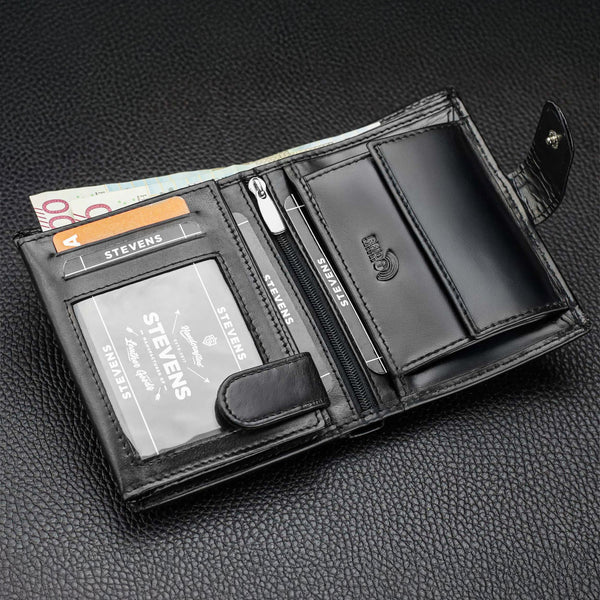 Vyriška odinė piniginė STEVENS su maišeliu, juoda, RFID apsauga Z03-326A