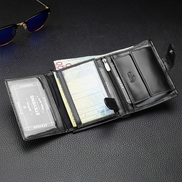 Vyriška odinė piniginė STEVENS su maišeliu, juoda, RFID apsauga Z03-326A