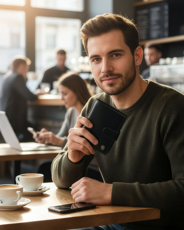 Vyriška odinė piniginė STEVENS su maišeliu, juoda, RFID apsauga Z03-326A