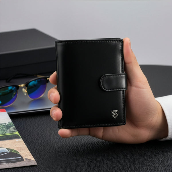 Vyriška odinė piniginė STEVENS su maišeliu, juoda, RFID apsauga Z03-326A