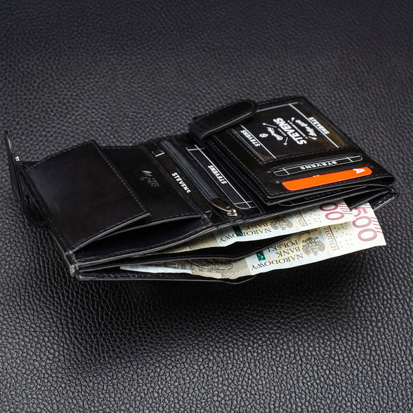 Vyriška odinė piniginė STEVENS su maišeliu, juoda, RFID apsauga Z03-326A