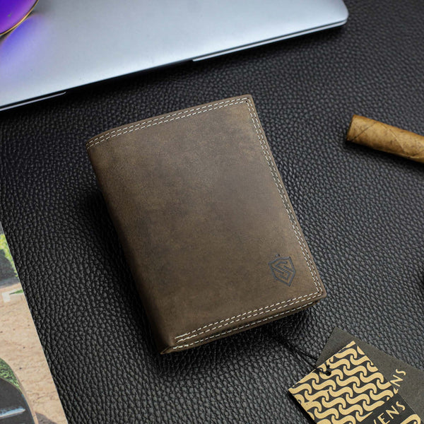 Vyriška odinė piniginė STEVENS su maišeliu, ruda, su RFID apsauga Z04-326