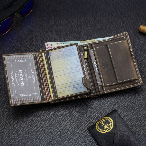Vyriška odinė piniginė STEVENS su maišeliu, ruda, su RFID apsauga Z04-326
