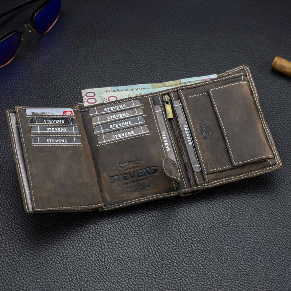 Vyriška odinė piniginė STEVENS su maišeliu, ruda, su RFID apsauga Z04-326