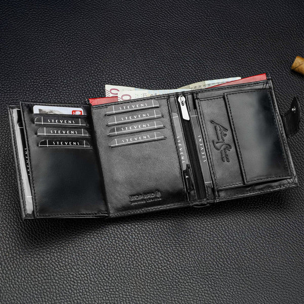 Vyriška odinė piniginė STEVENS su maišeliu, juoda, su RFID apsauga Z06-326A