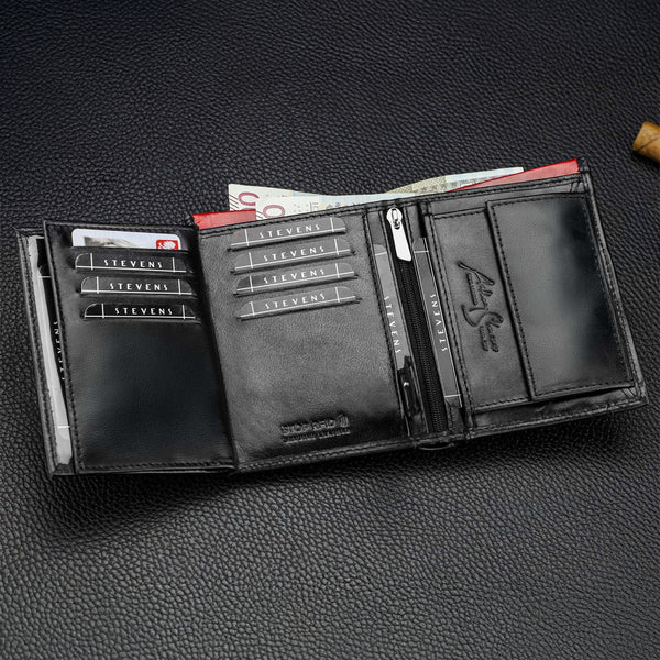Vyriška odinė piniginė STEVENS su maišeliu, juoda, RFID apsauga Z06-326