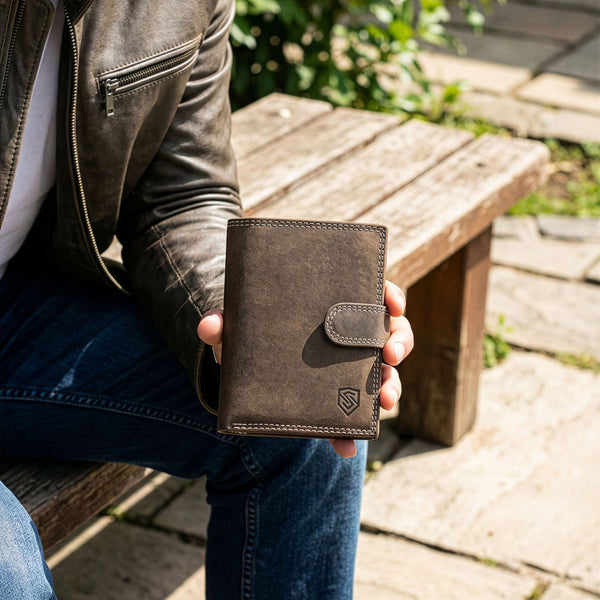 Vyriška odinė piniginė STEVENS su RFID apsauga, rudos spalvos S193