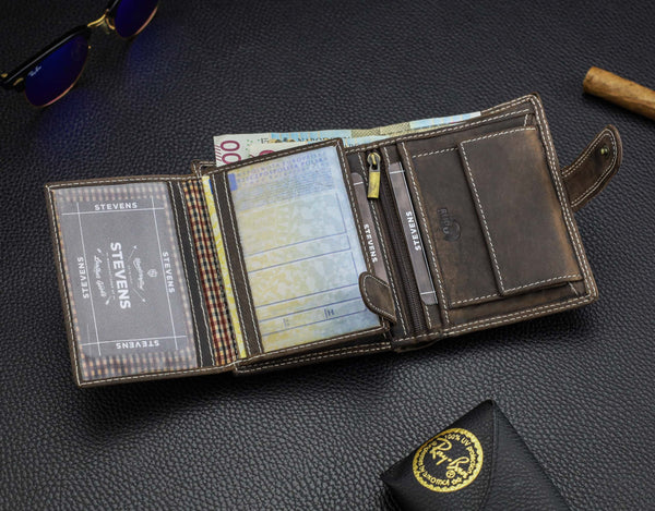 Vyriška odinė piniginė STEVENS su RFID apsauga, rudos spalvos S193
