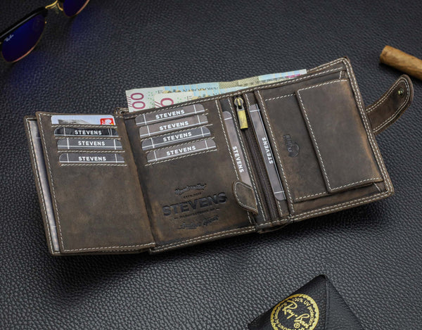 Vyriška odinė piniginė STEVENS su RFID apsauga, rudos spalvos S193