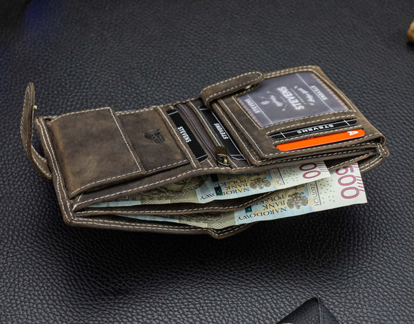 Vyriška odinė piniginė STEVENS su RFID apsauga, rudos spalvos S193