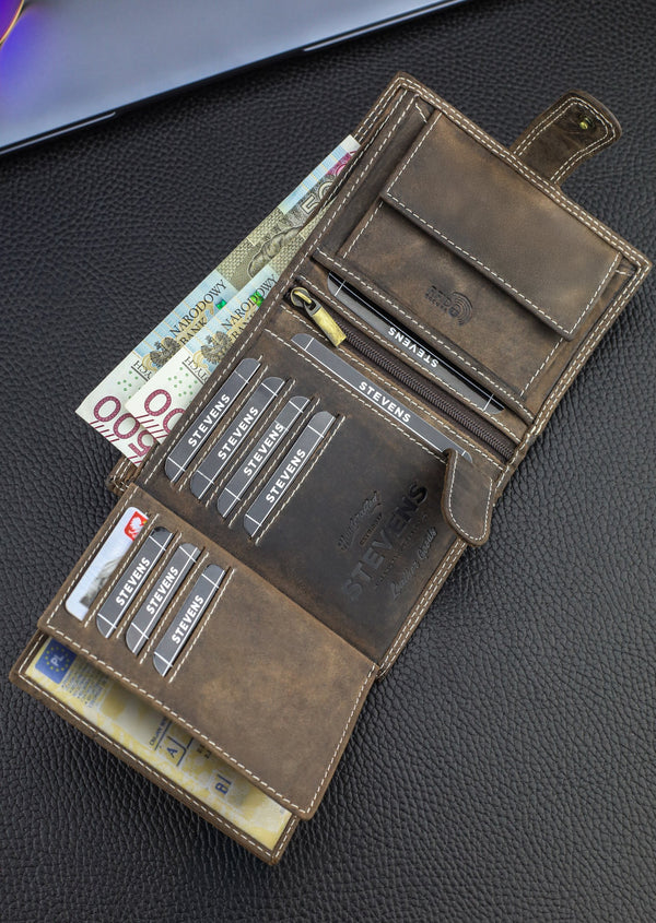 Vyriška odinė piniginė STEVENS su RFID apsauga, rudos spalvos S193