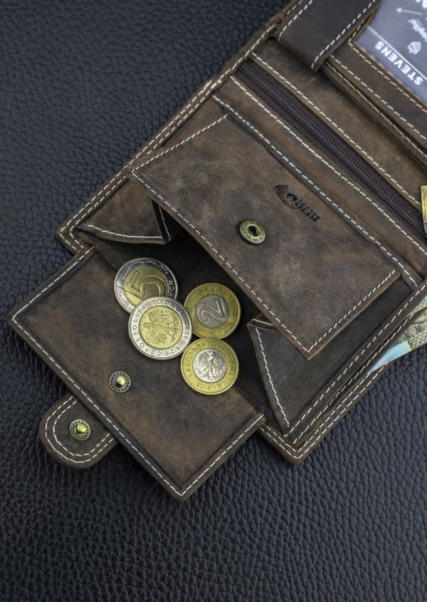 Vyriška odinė piniginė STEVENS su RFID apsauga, rudos spalvos S193