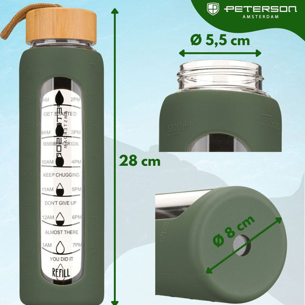 Peterson motyvacinė stiklinė vandens gertuvė su valandų žymomis, silikoniniu dėklu, 960 ml, žalia D71