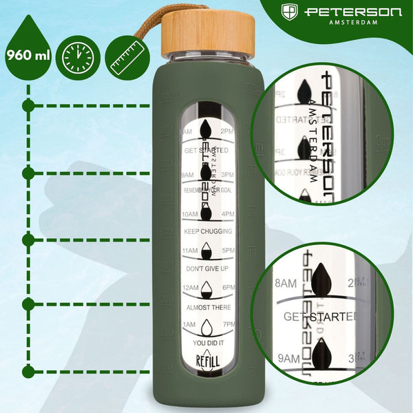 Peterson motyvacinė stiklinė vandens gertuvė su valandų žymomis, silikoniniu dėklu, 960 ml, žalia D71