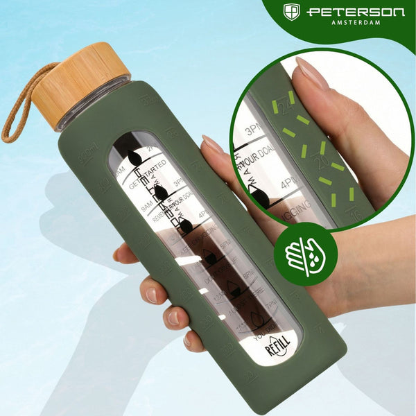 Peterson motyvacinė stiklinė vandens gertuvė su valandų žymomis, silikoniniu dėklu, 960 ml, žalia D71