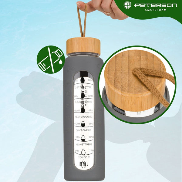 Peterson motyvacinė stiklinė vandens gertuvė su matavimo skale, pilku silikoniniu dėklu, 960 ml D69