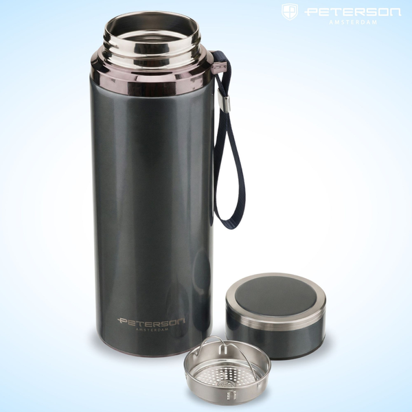 „Peterson“ 750 ml termopuodelis karštiems ir šaltiems gėrimams su sieteliu ir riešo dirželiu, pilkas, nerūdijantis plienas D88