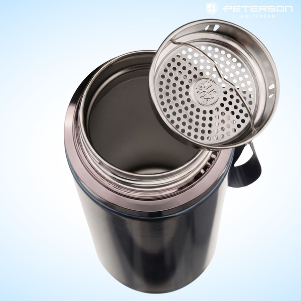 „Peterson“ 750 ml termopuodelis karštiems ir šaltiems gėrimams su sieteliu ir riešo dirželiu, pilkas, nerūdijantis plienas D88