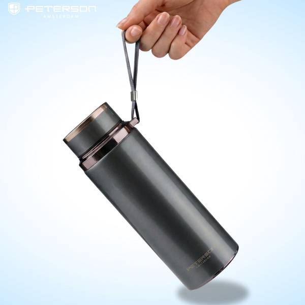 „Peterson“ 750 ml termopuodelis karštiems ir šaltiems gėrimams su sieteliu ir riešo dirželiu, pilkas, nerūdijantis plienas D88