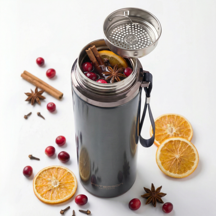 „Peterson“ 750 ml termopuodelis karštiems ir šaltiems gėrimams su sieteliu ir riešo dirželiu, pilkas, nerūdijantis plienas D88