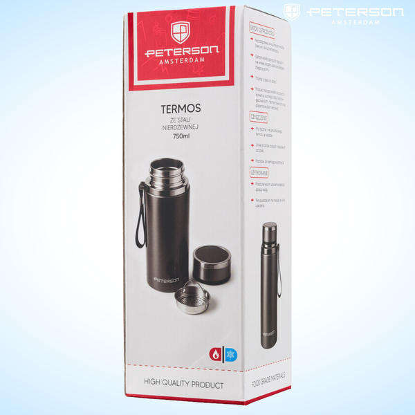 „Peterson“ 750 ml termopuodelis karštiems ir šaltiems gėrimams su sieteliu ir riešo dirželiu, pilkas, nerūdijantis plienas D88