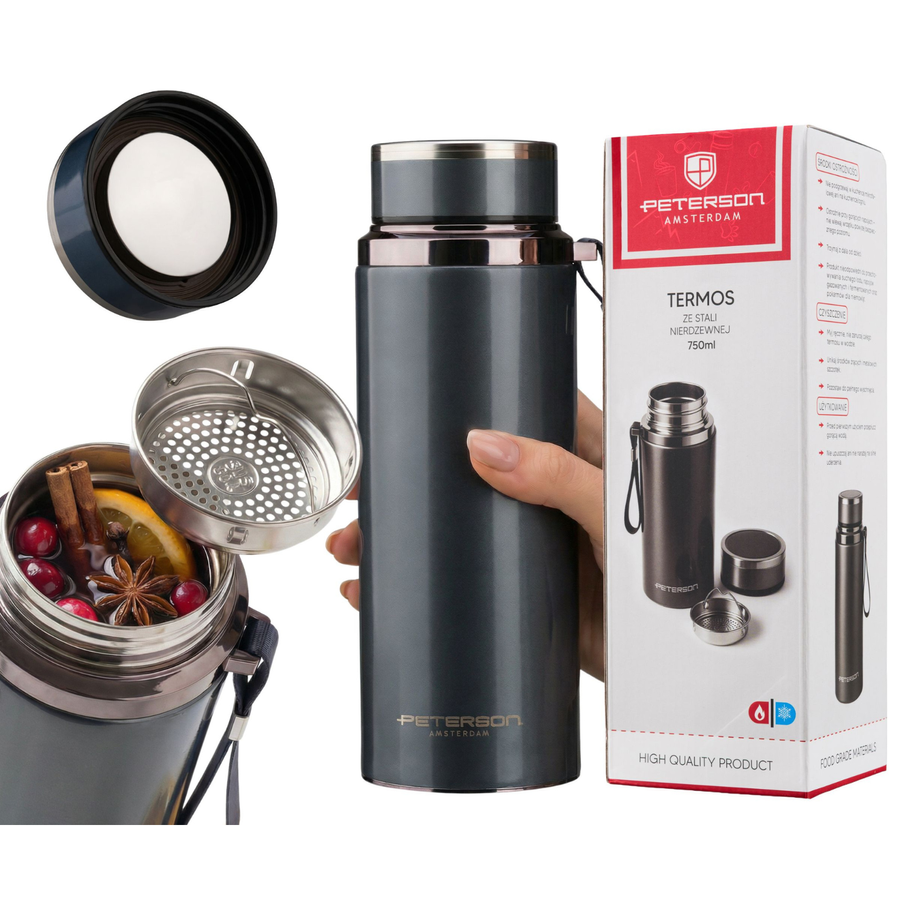 „Peterson“ 750 ml termopuodelis karštiems ir šaltiems gėrimams su sieteliu ir riešo dirželiu, pilkas, nerūdijantis plienas D88