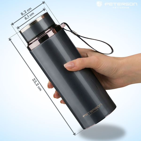 „Peterson“ 750 ml termopuodelis karštiems ir šaltiems gėrimams su sieteliu ir riešo dirželiu, pilkas, nerūdijantis plienas D88
