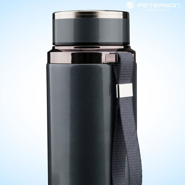 „Peterson“ 750 ml termopuodelis karštiems ir šaltiems gėrimams su sieteliu ir riešo dirželiu, pilkas, nerūdijantis plienas D88