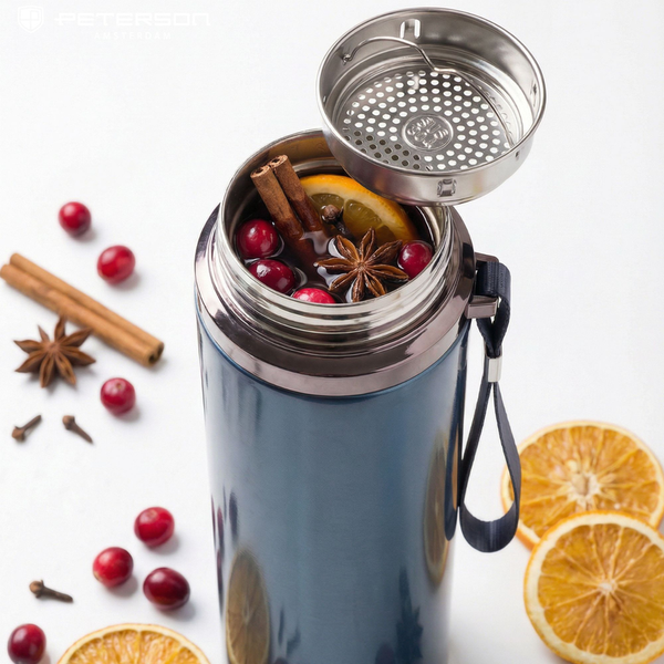 „Peterson“ nerūdijančio plieno termosas karštiems ir šaltiems gėrimams, 750 ml, tamsiai mėlynas D86