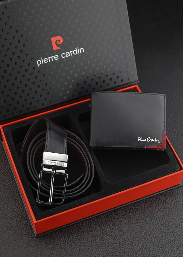 Vyriškas rinkinys Pierre Cardin: odinė piniginė ir dvipusis diržas, juodas/rudas 75T8806BR