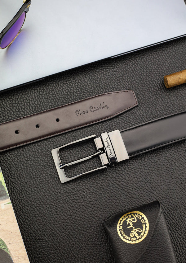 Vyriškas rinkinys Pierre Cardin: odinė piniginė ir dvipusis diržas, juodas/rudas 75T8806BR