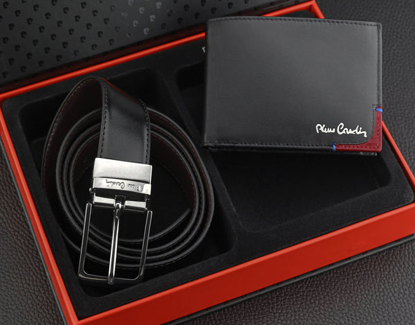 Vyriškas rinkinys Pierre Cardin: odinė piniginė ir dvipusis diržas, juodas/rudas 75T8806BR