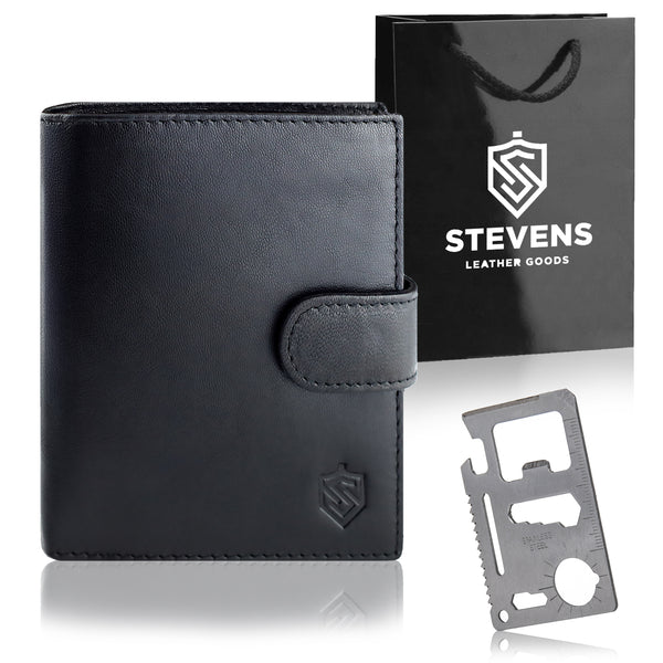 Dovanų komplektas vyrui – STEVENS odinė piniginė su RFID apsauga, išgyvenimo kortelė ir dovanų maišelis 326A