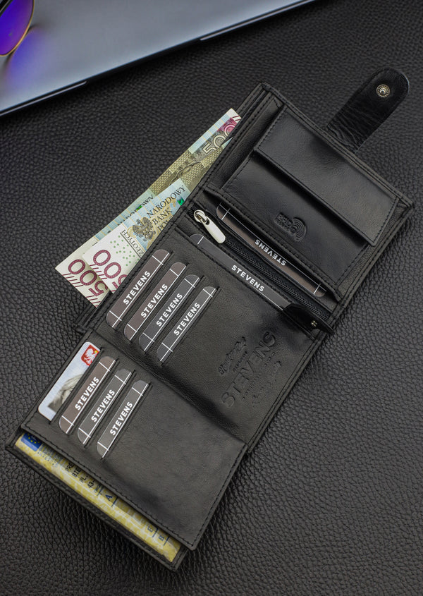 Dovanų komplektas vyrui – STEVENS odinė piniginė su RFID apsauga, išgyvenimo kortelė ir dovanų maišelis 326A