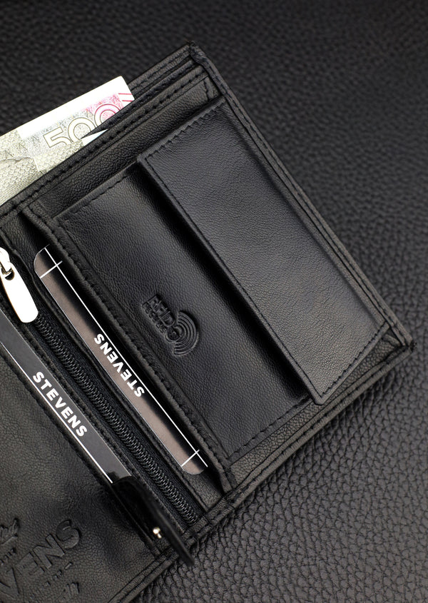 Dovanų komplektas vyrui – STEVENS odinė piniginė su RFID apsauga, išgyvenimo kortelė ir dovanų maišelis 326