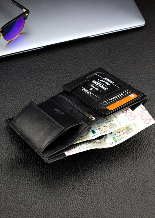 Dovanų komplektas vyrui – STEVENS odinė piniginė su RFID apsauga, išgyvenimo kortelė ir dovanų maišelis 326
