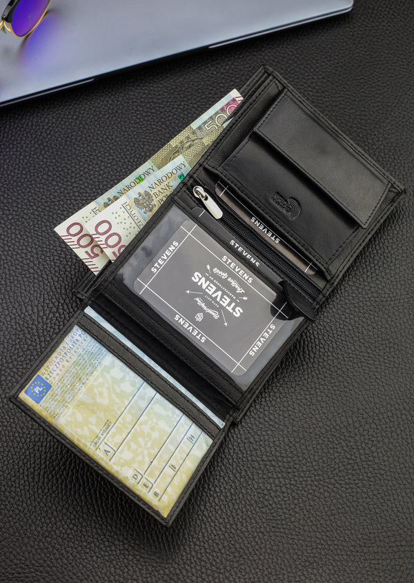 Dovanų komplektas vyrui – STEVENS odinė piniginė su RFID apsauga, išgyvenimo kortelė ir dovanų maišelis 326