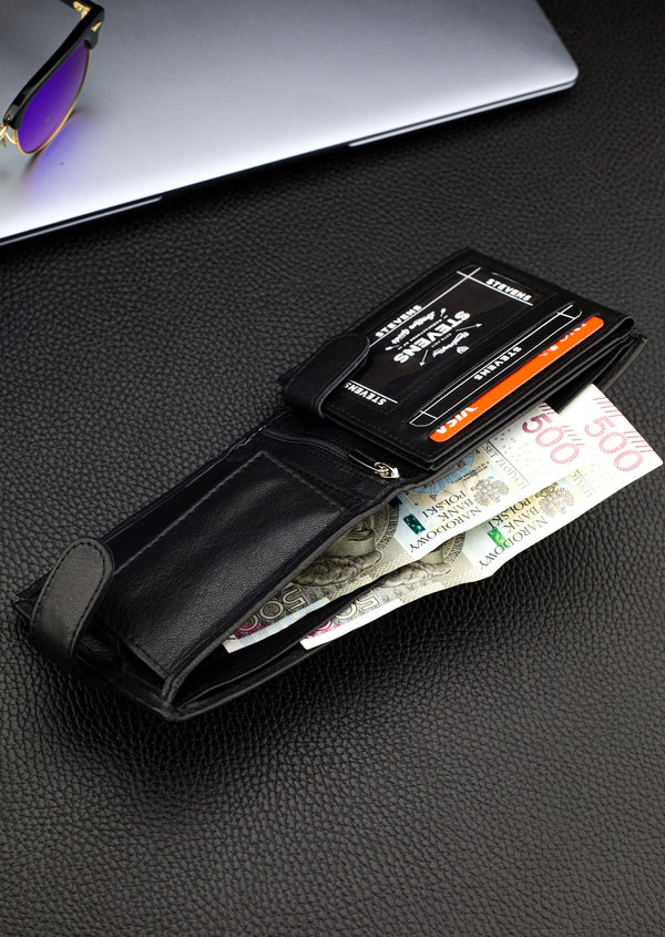 Dovanų komplektas vyrui – STEVENS odinė piniginė su RFID apsauga, išgyvenimo kortelė ir dovanų maišelis 325A