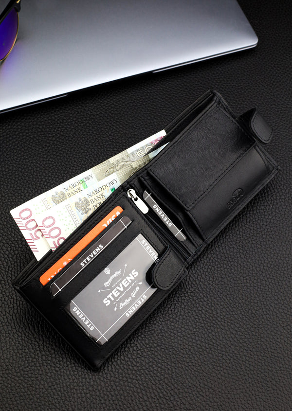 Dovanų komplektas vyrui – STEVENS odinė piniginė su RFID apsauga, išgyvenimo kortelė ir dovanų maišelis 325A