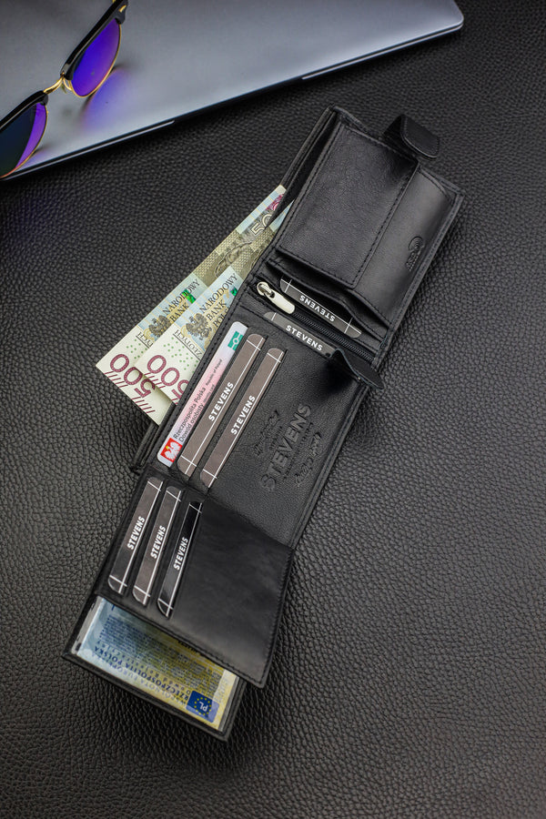 Dovanų komplektas vyrui – STEVENS odinė piniginė su RFID apsauga, išgyvenimo kortelė ir dovanų maišelis 325A