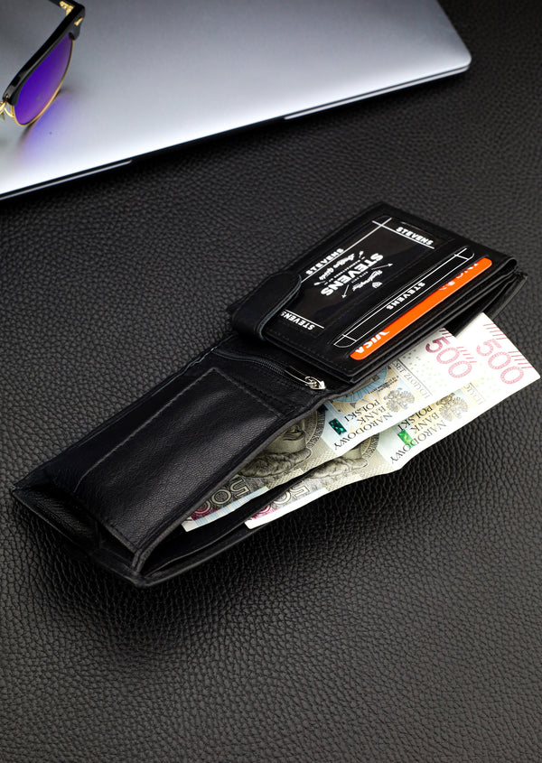 Dovanų komplektas vyrui – STEVENS odinė piniginė su RFID apsauga, išgyvenimo kortelė ir dovanų maišelis 325