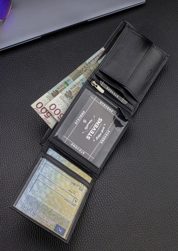 Dovanų komplektas vyrui – STEVENS odinė piniginė su RFID apsauga, išgyvenimo kortelė ir dovanų maišelis 325