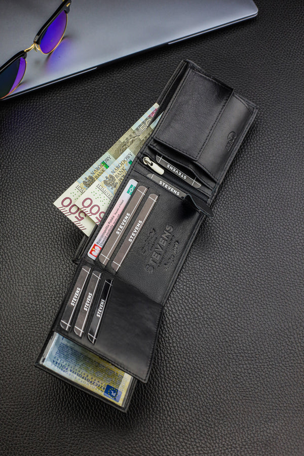 Dovanų komplektas vyrui – STEVENS odinė piniginė su RFID apsauga, išgyvenimo kortelė ir dovanų maišelis 325