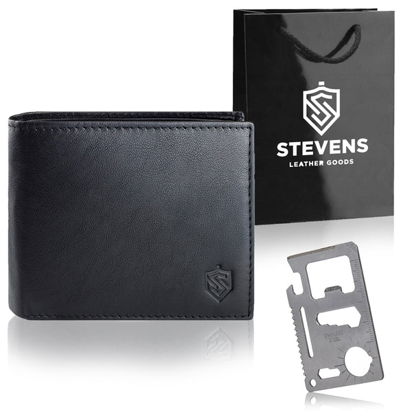 Dovanų komplektas vyrui – STEVENS odinė piniginė su RFID apsauga, išgyvenimo kortelė ir dovanų maišelis 8824